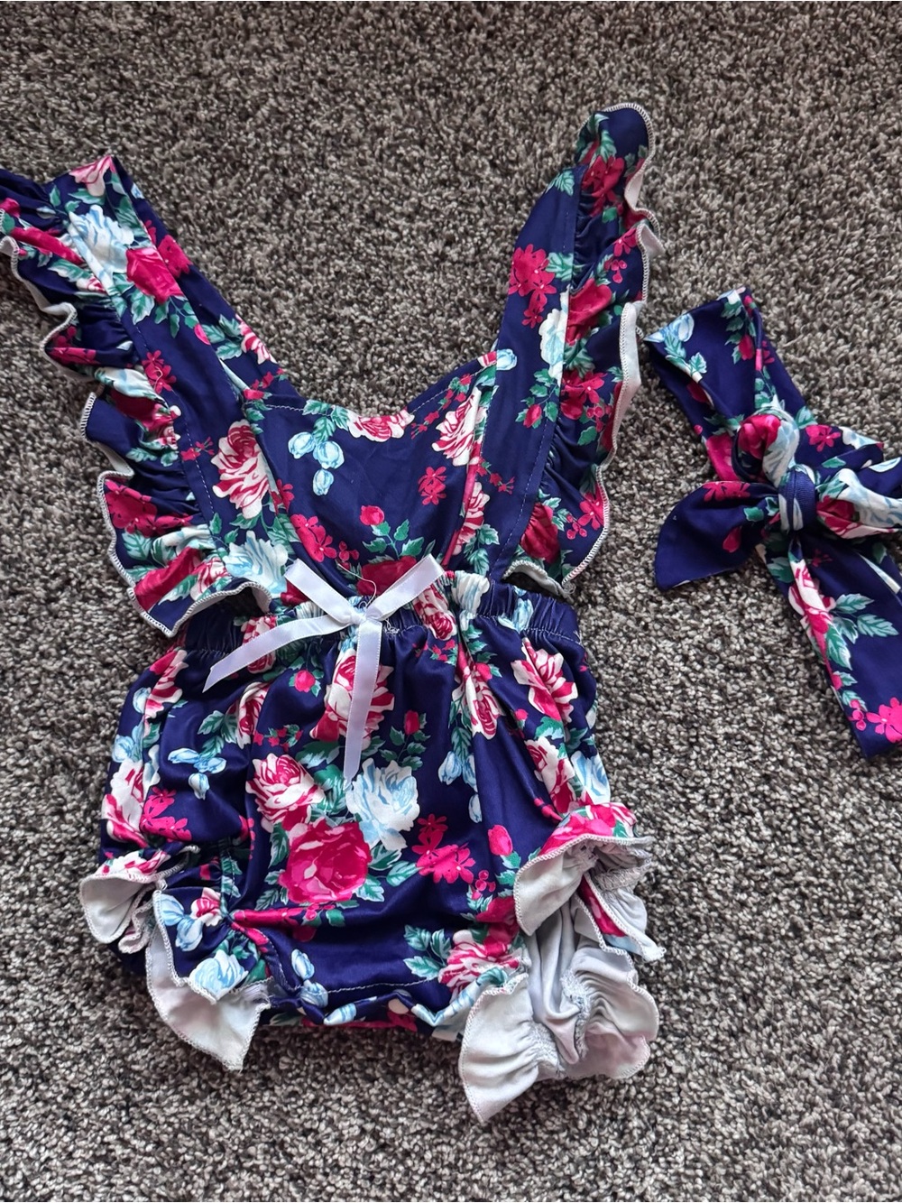 NEW Navy Floral Ruffle Baby Romper with Headband